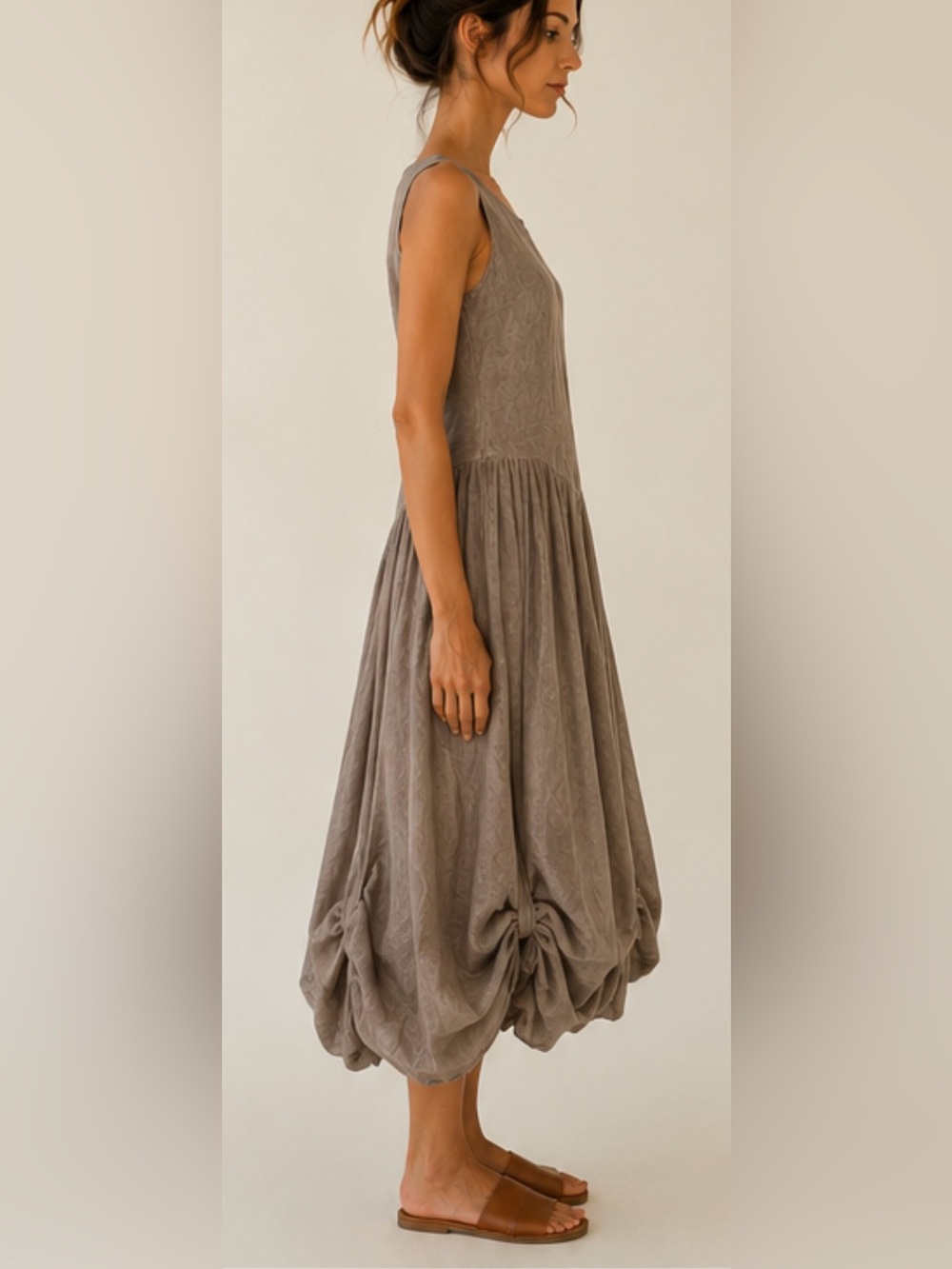 Nu-Look Sleeveless Taupe Adjustable Balloon Hem Midi Dress Size Lg - Picture 2 of 15